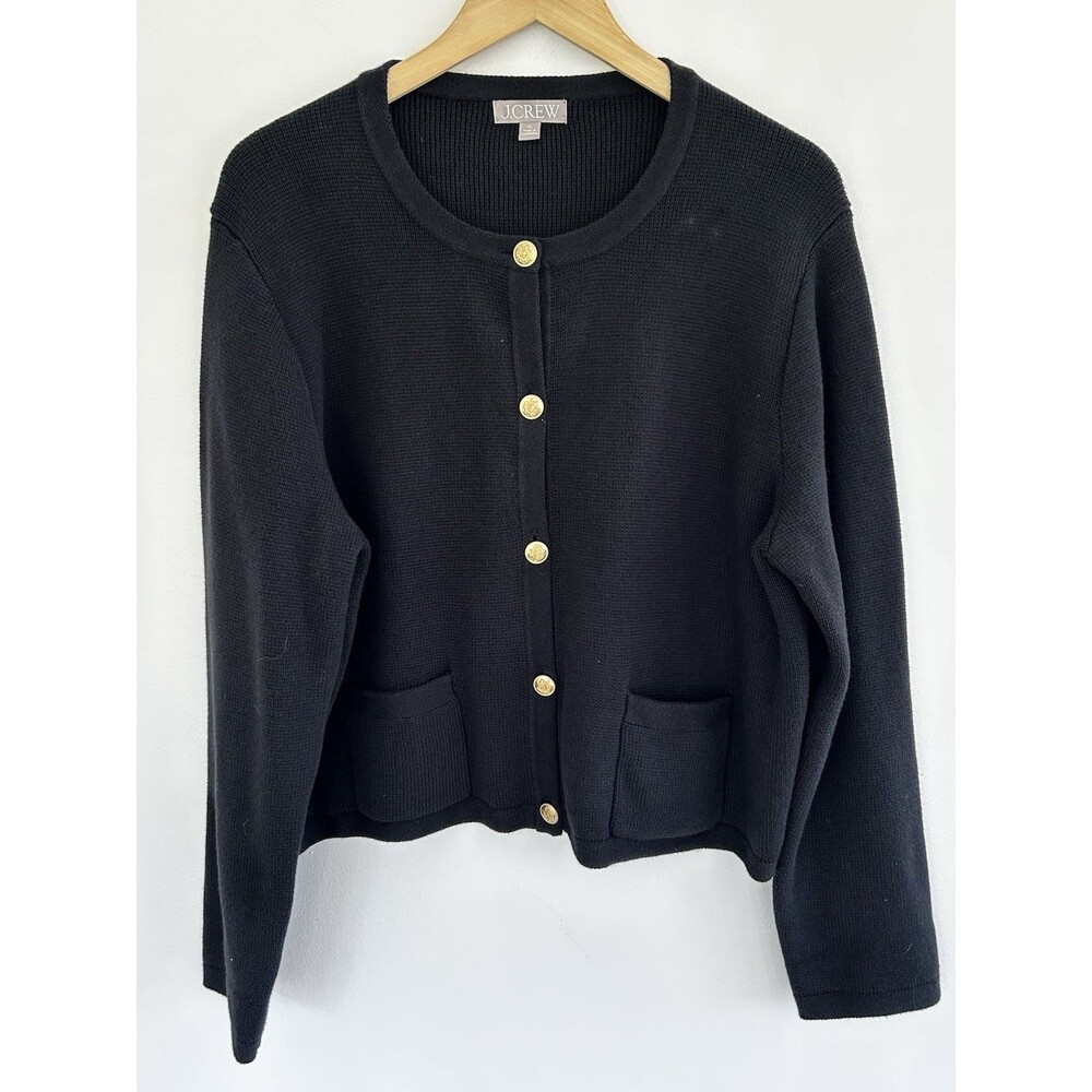 J.Crew Emilie Sweater Lady Jacket Size XL Black Gold Buttons Cardigan Pockets - Picture 2 of 8